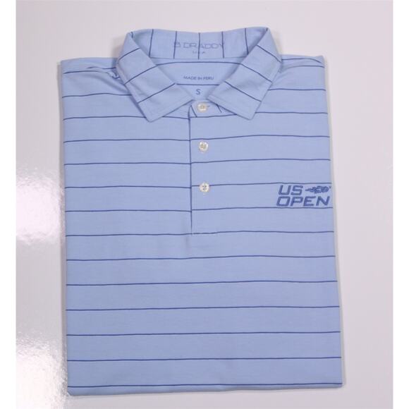 B. Draddy US Open Tennis Blue Striped Golf Polo Shirt Cotton Stretch Men's Small - Picture 1 of 8